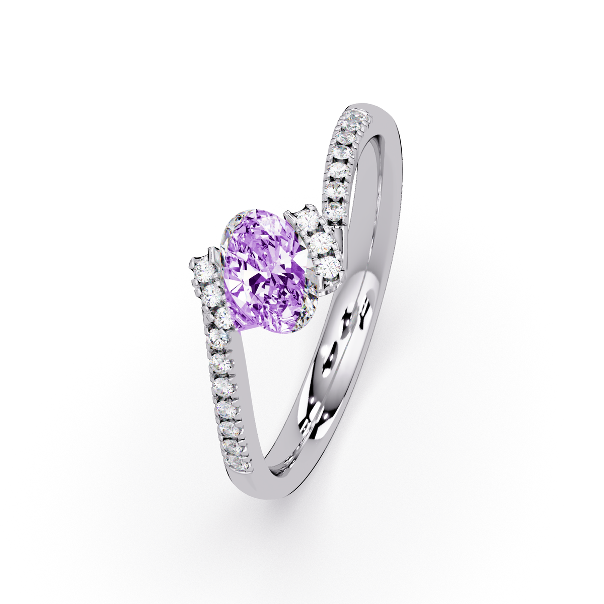 0.4 CTW Oval Bypass Pavé Colorstone Ring with Amethyst Purple center in 14K White Gold – Lunéa Paris