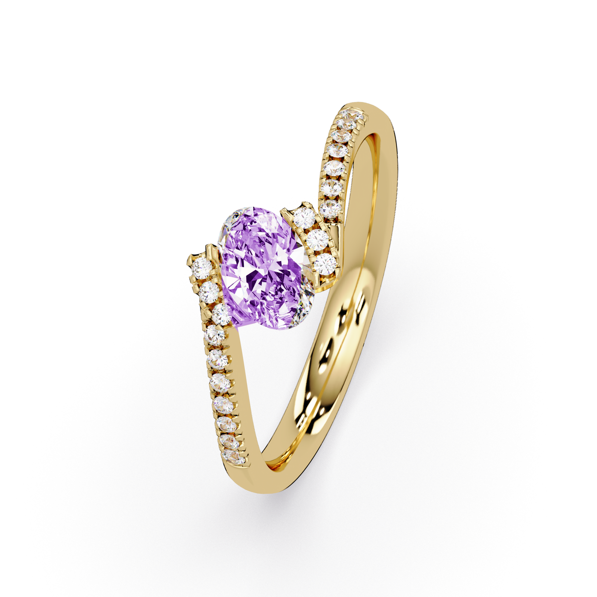 0.4 CTW Oval Bypass Pavé Colorstone Ring with Amethyst Purple center in 14K Yellow Gold – Lunéa Paris