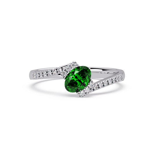 0.4 CTW Oval Bypass Pavé Colorstone Ring with Emerald Green in 14K White Gold – Lunéa Paris