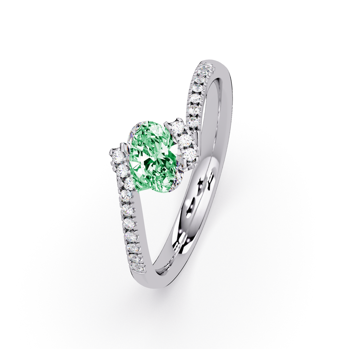 0.4 CTW Oval Bypass Pavé Colorstone Ring with Emerald Green center in 14K White Gold – Lunéa Paris