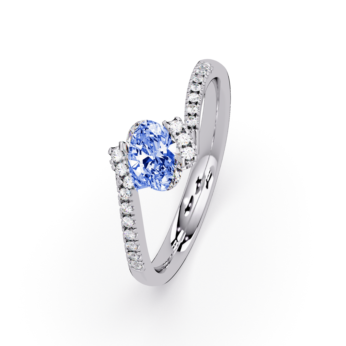 0.4 CTW Oval Bypass Pavé Colorstone Ring with Sapphire Blue center in 14K White Gold – Lunéa Paris