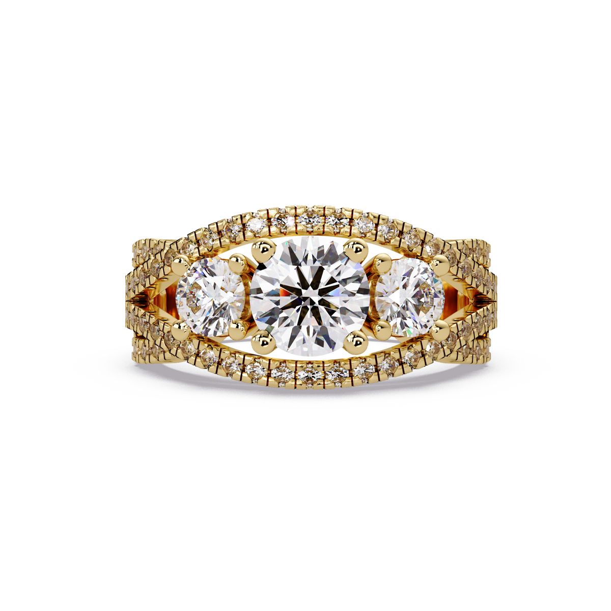 1.8 CTW Round Three-Stone Split-Shank Pavé Colorstone Ring – Yellow Gold Front view