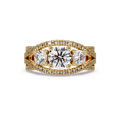 1.8 CTW Round Three-Stone Split-Shank Pavé Colorstone Ring – Yellow Gold Front view