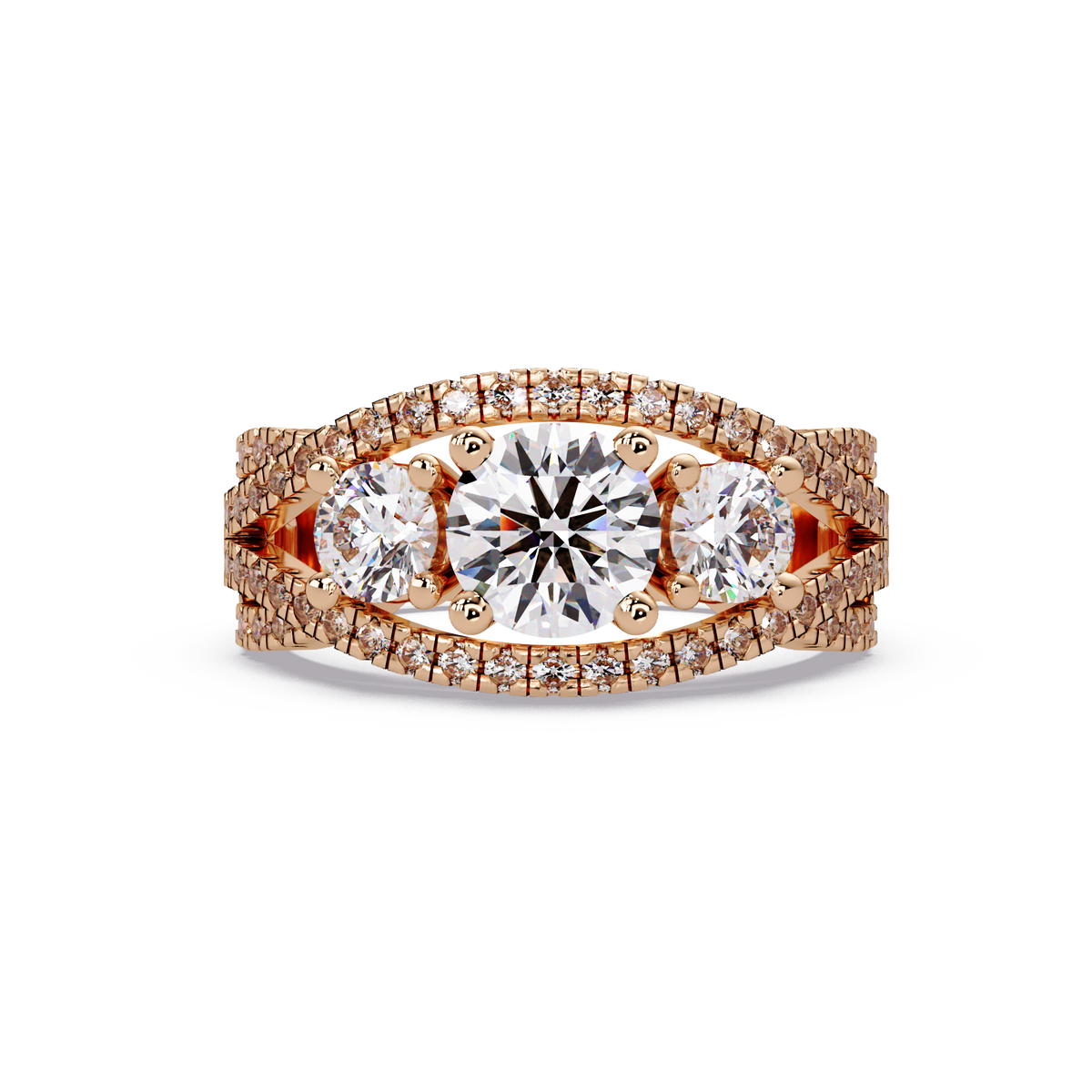 1.8 CTW Round Three-Stone Split-Shank Pavé Colorstone Ring – Rose Gold Front view