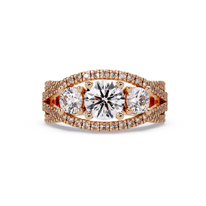 1.8 CTW Round Three-Stone Split-Shank Pavé Colorstone Ring – Rose Gold Front view