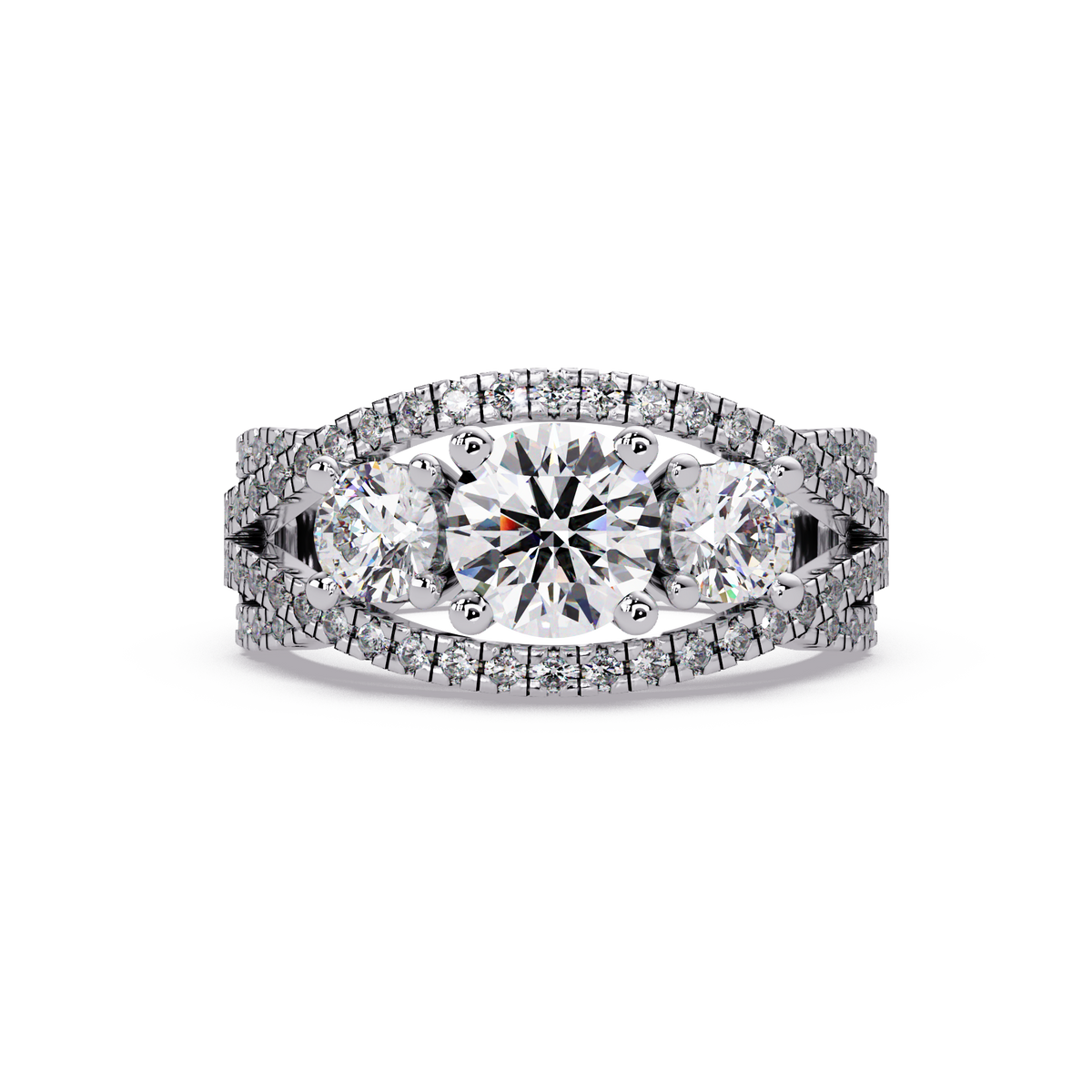 1.8 CTW Round Three-Stone Split-Shank Pavé Colorstone Ring – White Gold Front view