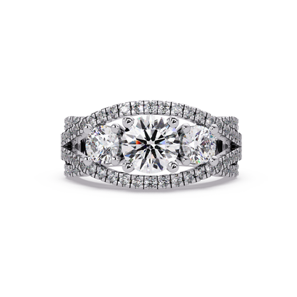 1.8 CTW Round Three-Stone Split-Shank Pavé Colorstone Ring – White Gold Front view