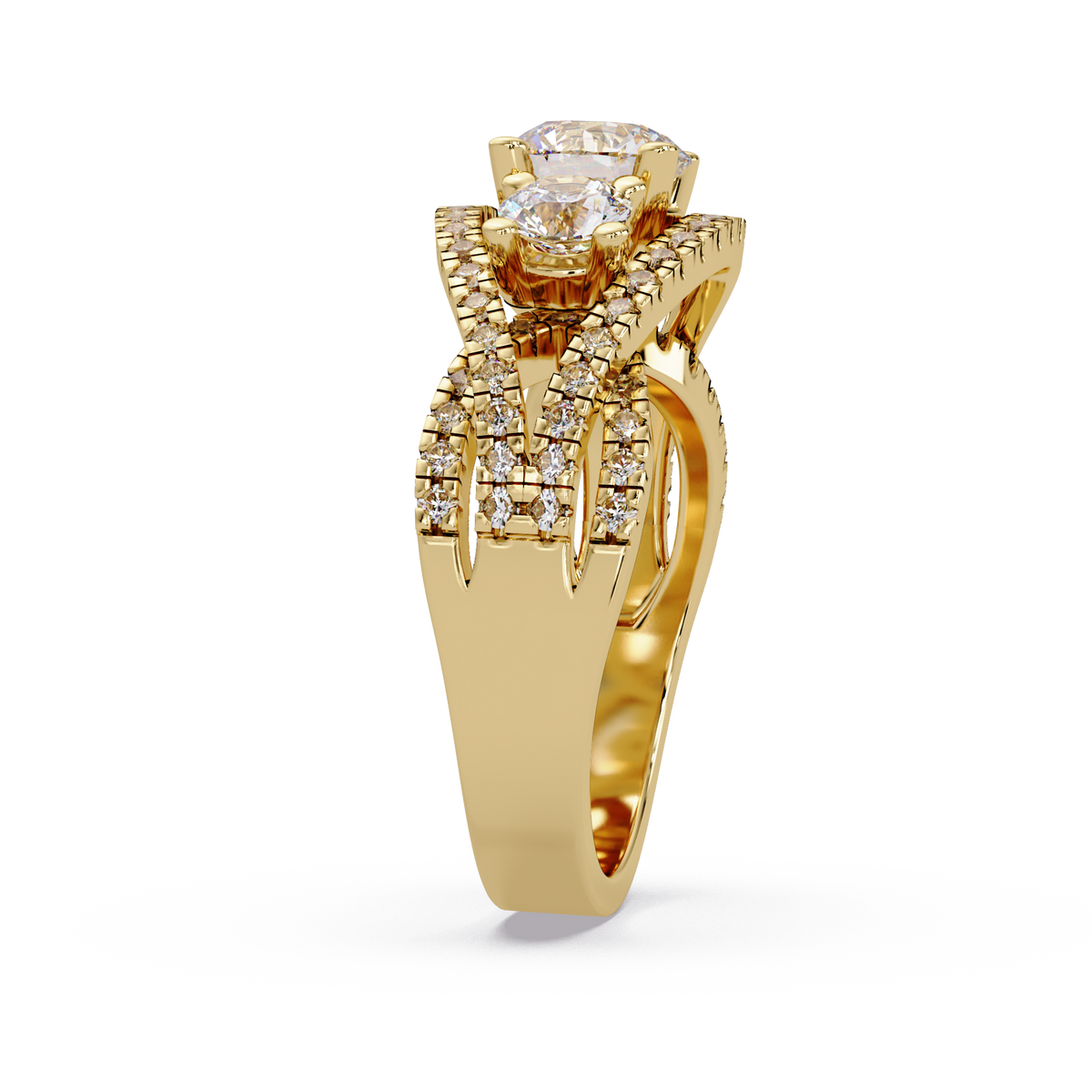 1.8 CTW Round Three-Stone Split-Shank Pavé Colorstone Ring – Yellow Gold Side view