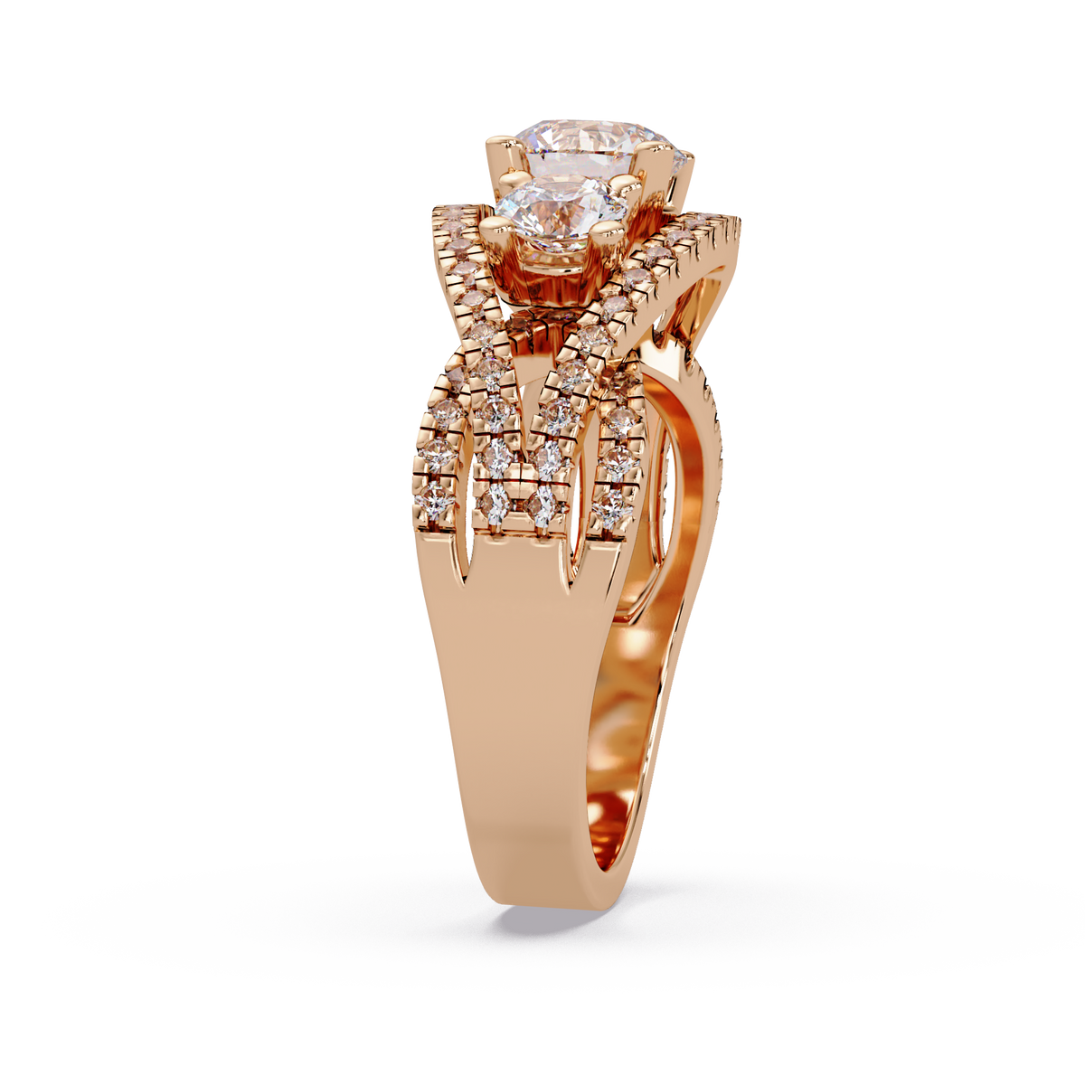 1.8 CTW Round Three-Stone Split-Shank Pavé Colorstone Ring – Rose Gold Side view