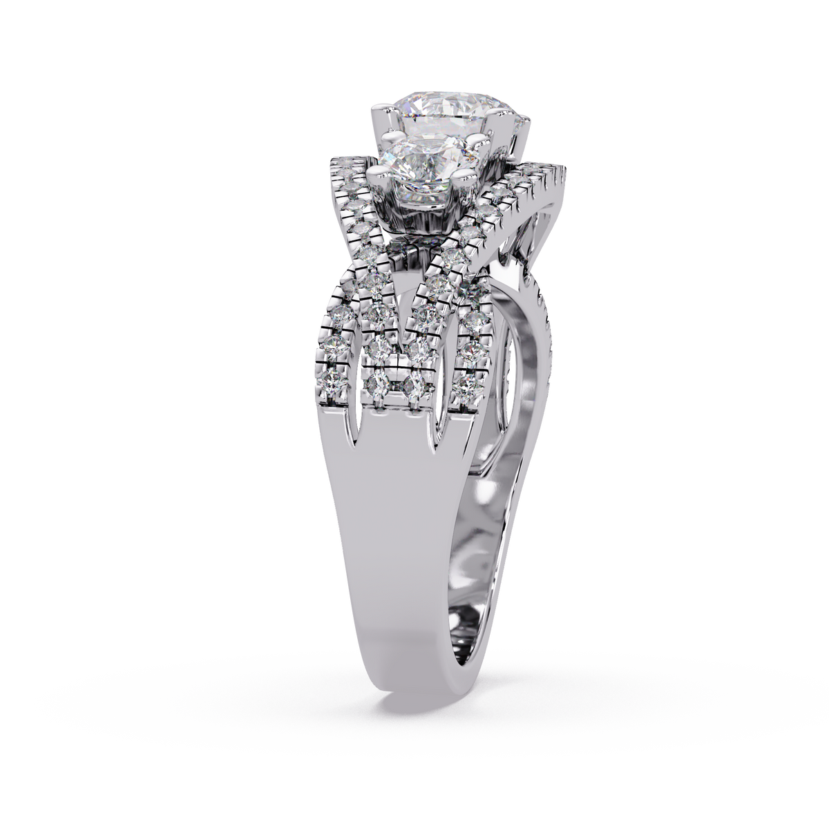 1.8 CTW Round Three-Stone Split-Shank Pavé Colorstone Ring – White Gold Side view