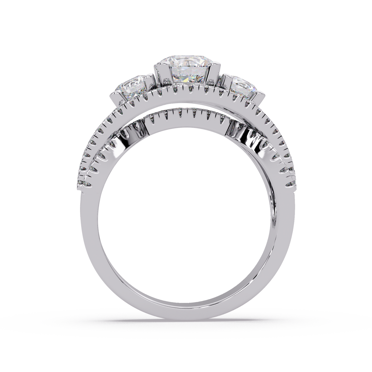 1.8 CTW Round Three-Stone Split-Shank Pavé Colorstone Ring – White Gold Profile view