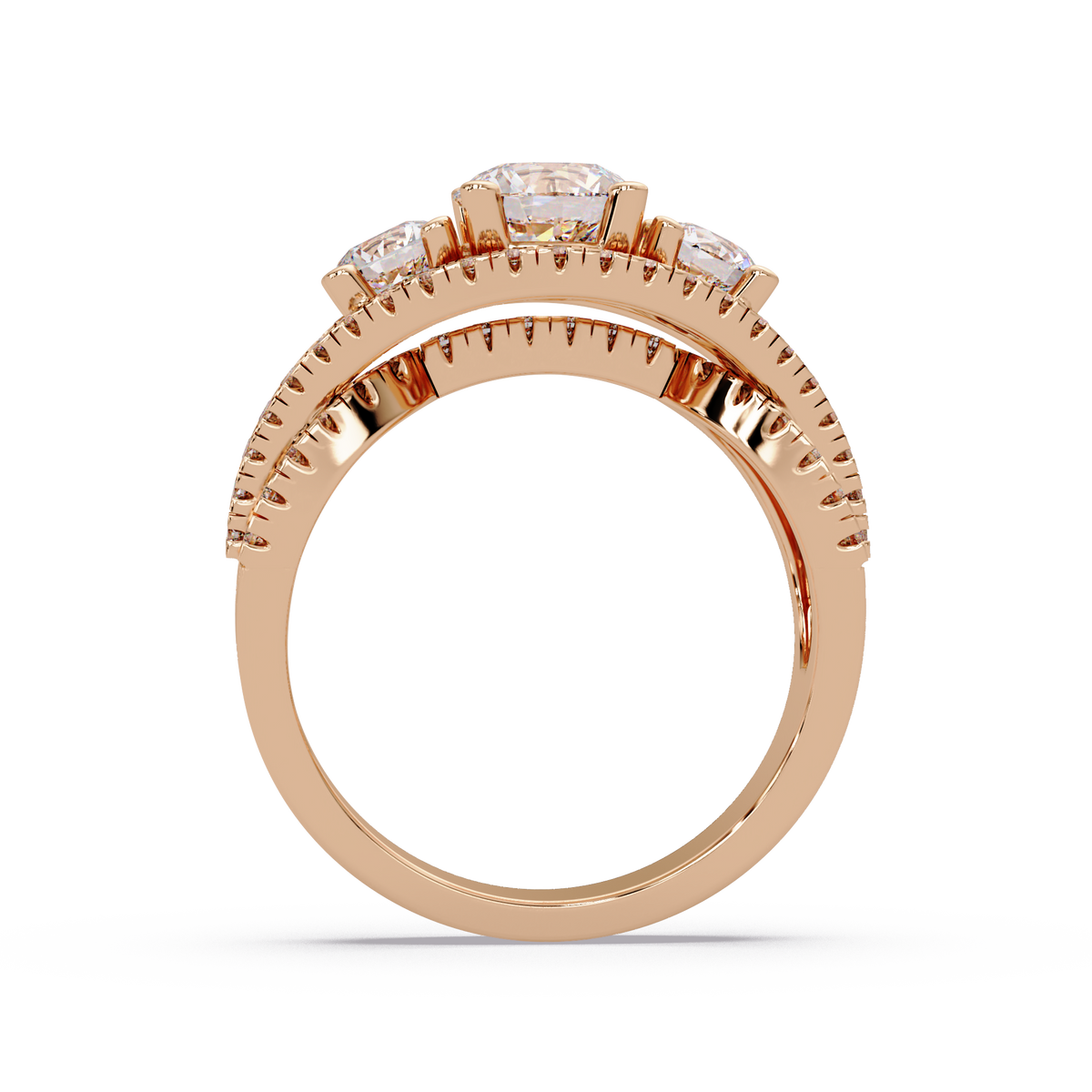 1.8 CTW Round Three-Stone Split-Shank Pavé Colorstone Ring – Rose Gold Profile view