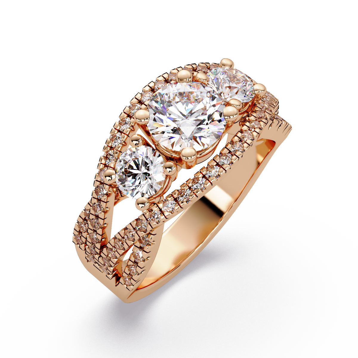1.8 CTW Round Three-Stone Split-Shank Pavé Colorstone Ring – Rose Gold Perspective view