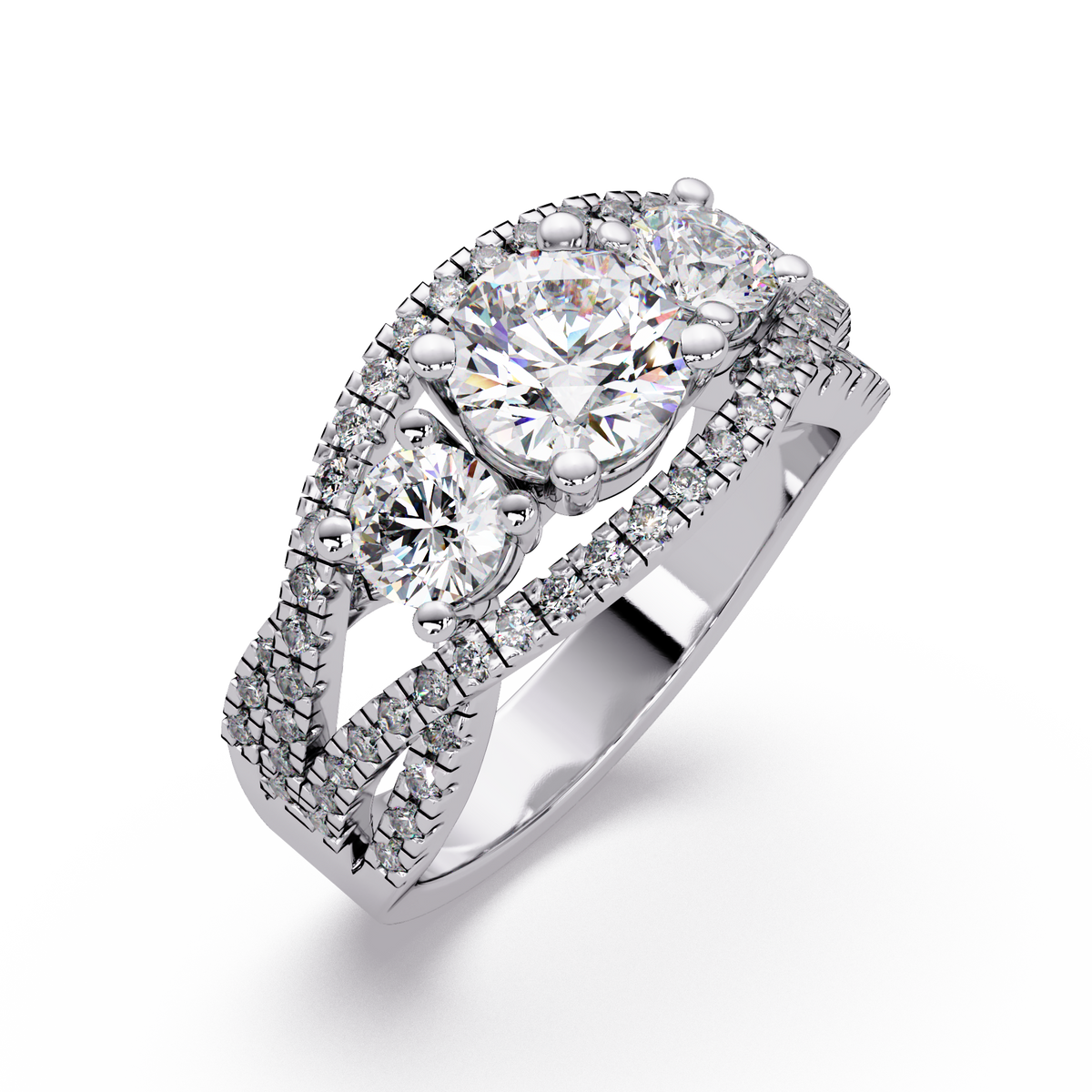 1.8 CTW Round Three-Stone Split-Shank Pavé Colorstone Ring – White Gold Perspective view