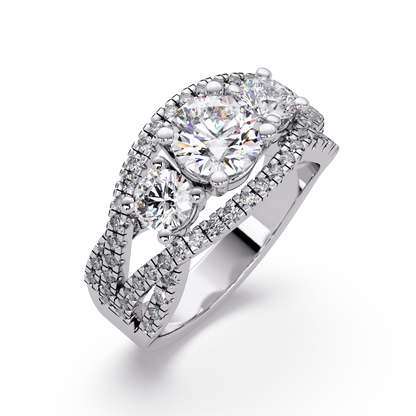 1.8 CTW Round Three-Stone Split-Shank Pavé Colorstone Ring – White Gold Perspective view
