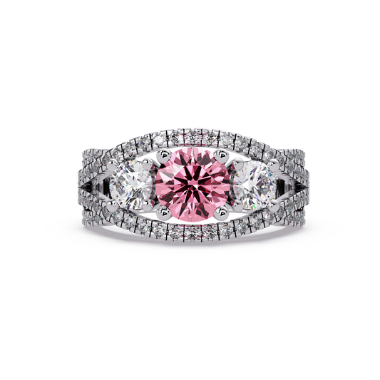 1.8 CTW Round Three-Stone Split-Shank Pavé Colorstone Ring with Tourmaline Pink stones in 14K White Gold – Lunéa Paris