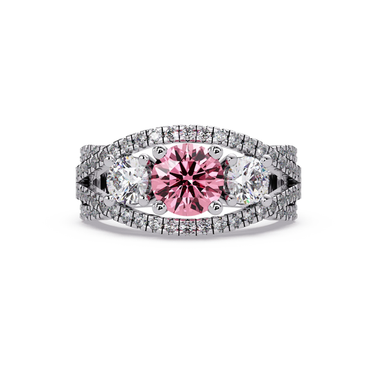 1.8 CTW Round Three-Stone Split-Shank Pavé Colorstone Ring with Tourmaline Pink stones in 14K White Gold – Lunéa Paris