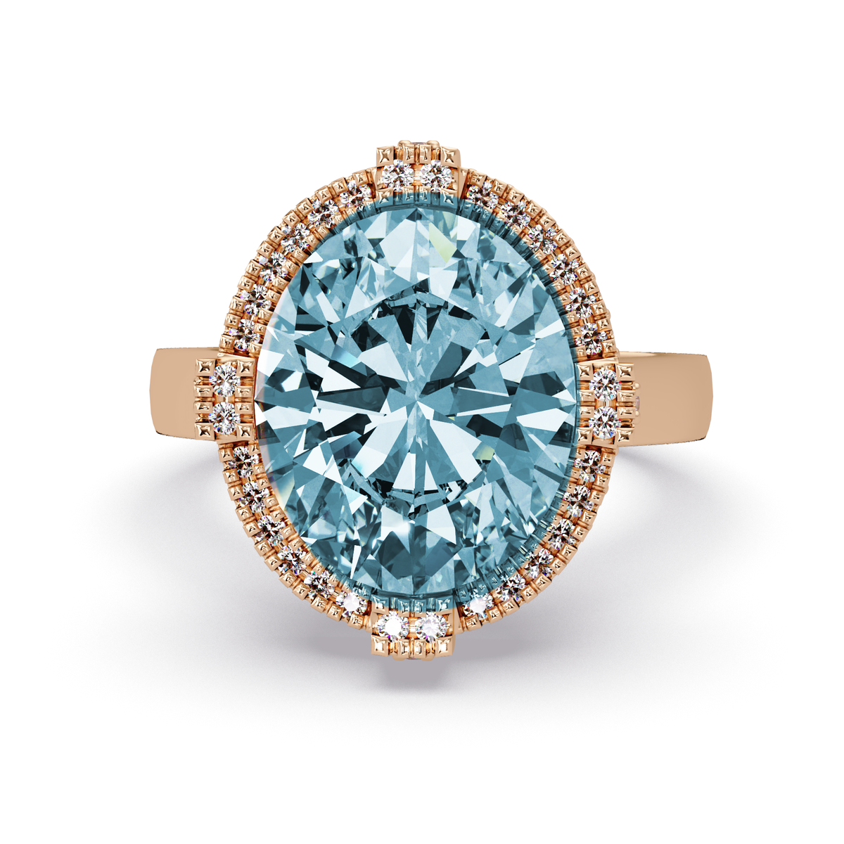 4.8 CTW Oval Double-Halo Pavé Colorstone Ring with Aquamarine Blue center in 14K Rose Gold – Lunéa Paris