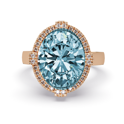4.8 CTW Oval Double-Halo Pavé Colorstone Ring with Aquamarine Blue center in 14K Rose Gold – Lunéa Paris
