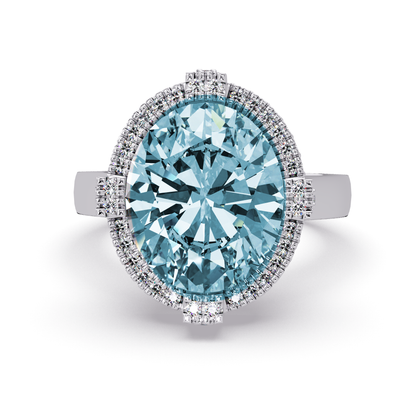 4.8 CTW Oval Double-Halo Pavé Colorstone Ring with Aquamarine Blue center in 14K White Gold – Lunéa Paris