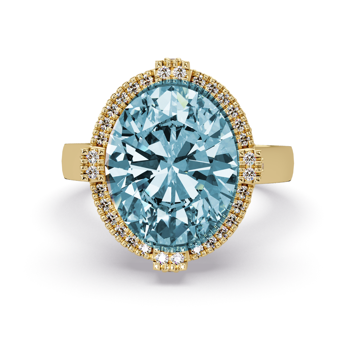 4.8 CTW Oval Double-Halo Pavé Colorstone Ring with Aquamarine Blue center in 14K Yellow Gold – Lunéa Paris