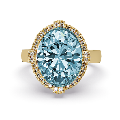 4.8 CTW Oval Double-Halo Pavé Colorstone Ring with Aquamarine Blue center in 14K Yellow Gold – Lunéa Paris