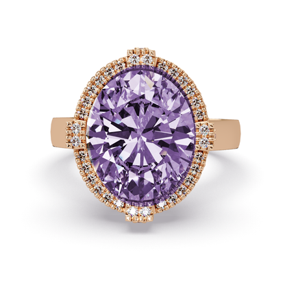 4.8 CTW Oval Double-Halo Pavé Colorstone Ring with Amethyst Purple center in 14K Rose Gold – Lunéa Paris