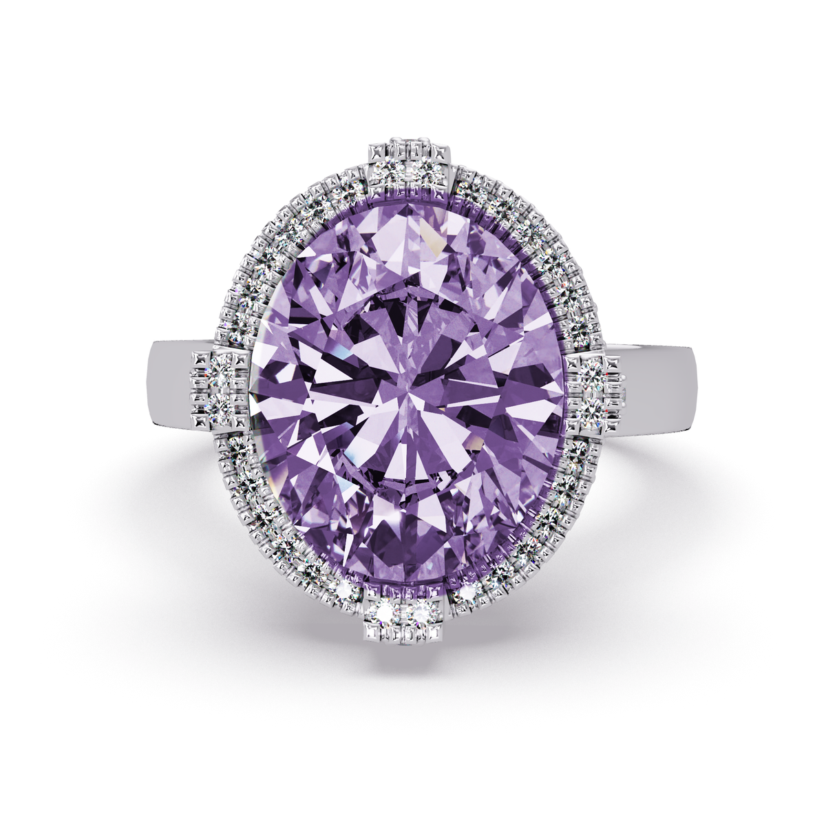 4.8 CTW Oval Double-Halo Pavé Colorstone Ring with Amethyst Purple center in 14K White Gold – Lunéa Paris