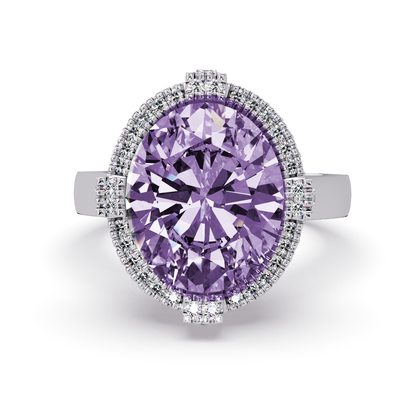 4.8 CTW Oval Double-Halo Pavé Colorstone Ring with Amethyst Purple center in 14K White Gold – Lunéa Paris