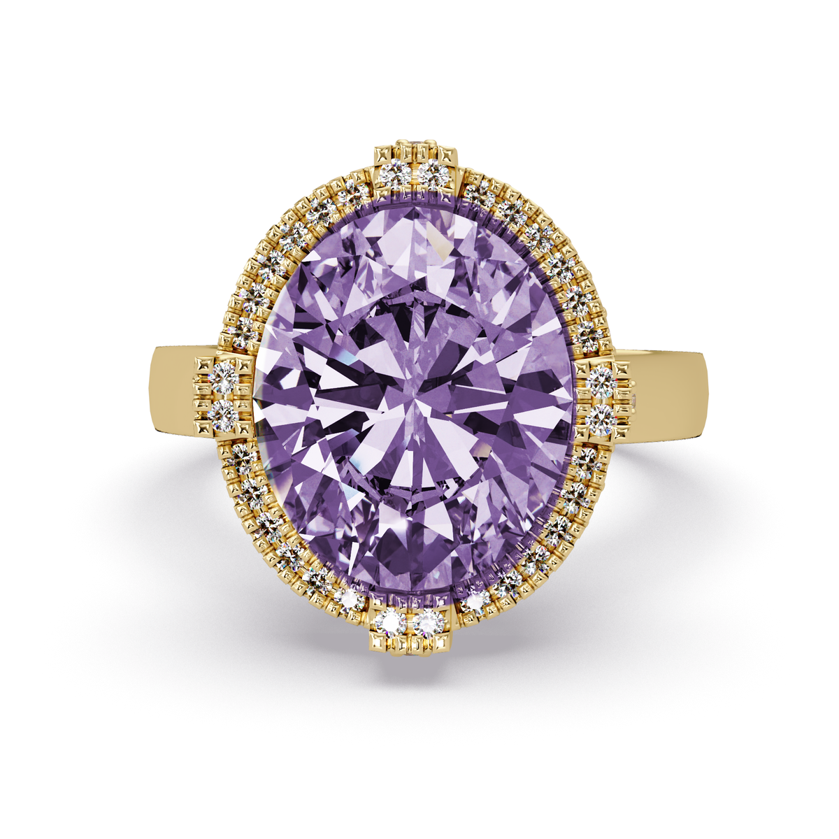 4.8 CTW Oval Double-Halo Pavé Colorstone Ring with Amethyst Purple center in 14K Yellow Gold – Lunéa Paris
