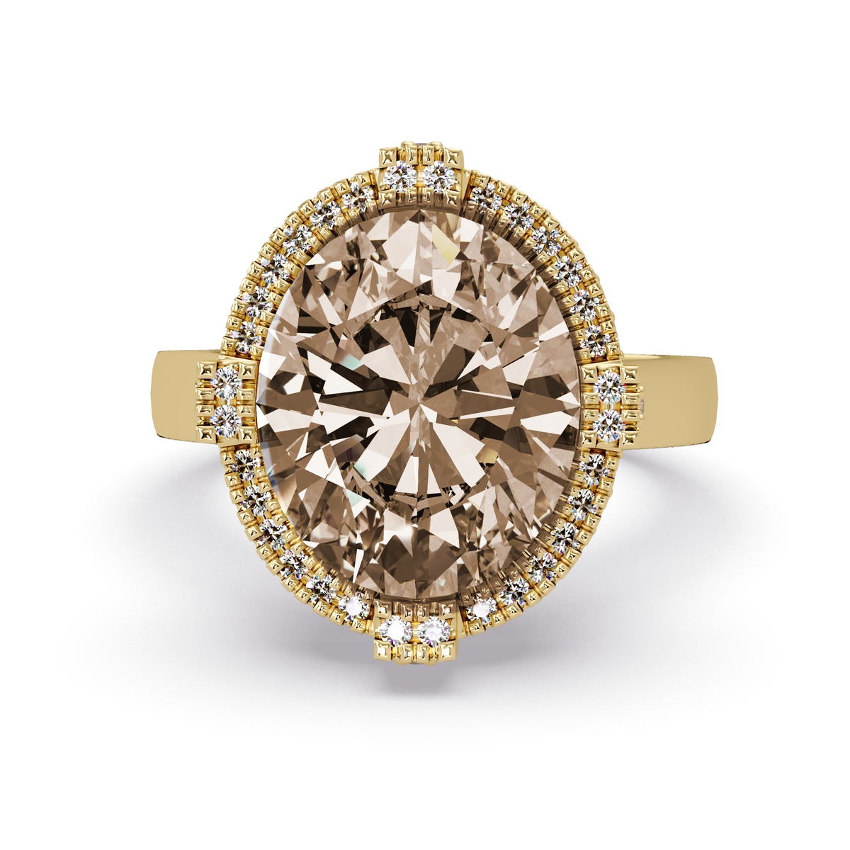 4.8 CTW Oval Double-Halo Pavé Colorstone Ring with Champagne Topaz center in 14K Yellow Gold – Lunéa Paris