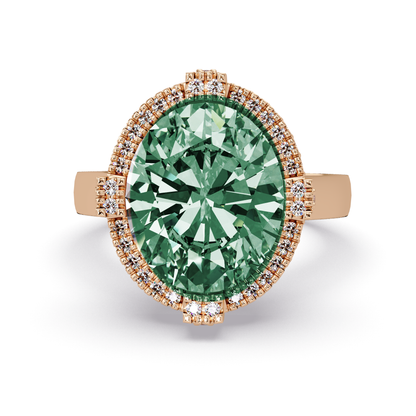 4.8 CTW Oval Double-Halo Pavé Colorstone Ring with Emerald Green center in 14K Rose Gold – Lunéa Paris