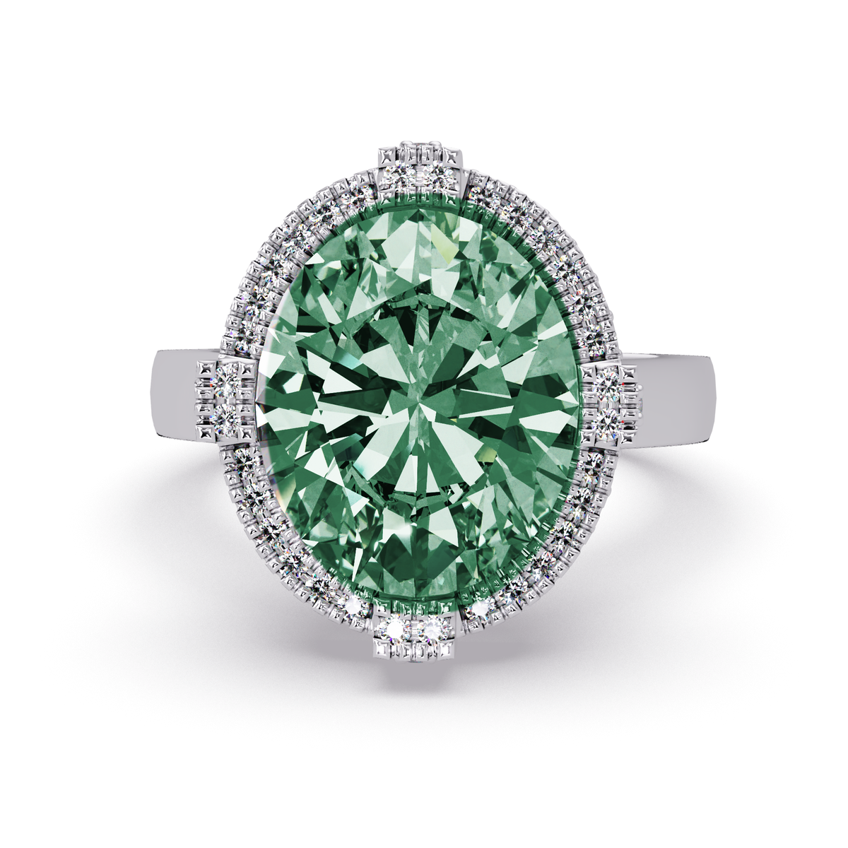 4.8 CTW Oval Double-Halo Pavé Colorstone Ring with Emerald Green center in 14K White Gold – Lunéa Paris