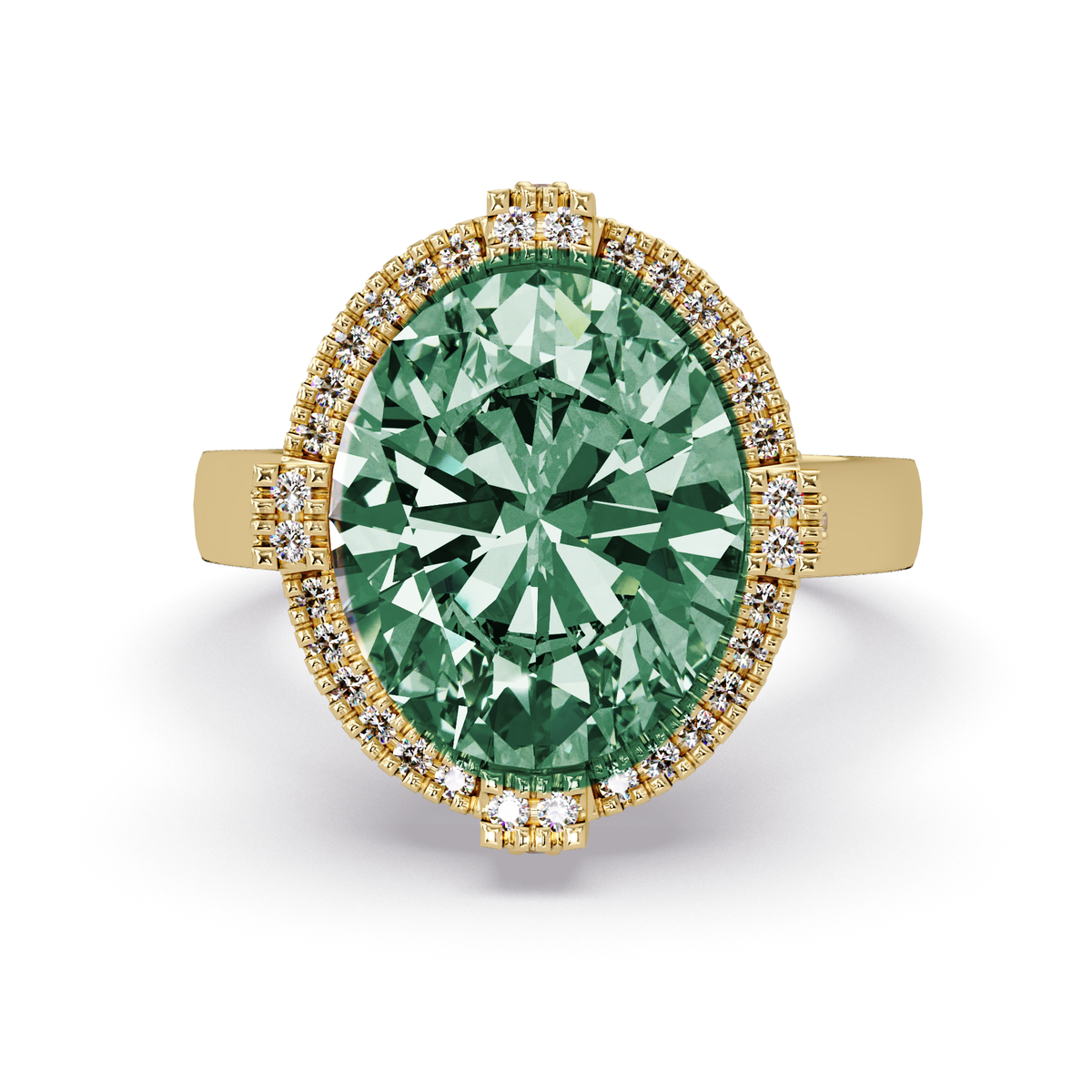 4.8 CTW Oval Double-Halo Pavé Colorstone Ring with Emerald Green center in 14K Yellow Gold – Lunéa Paris