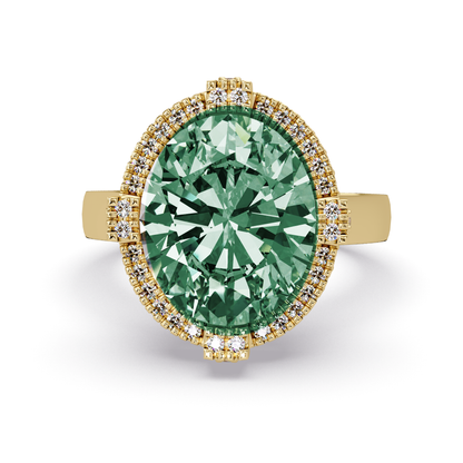 4.8 CTW Oval Double-Halo Pavé Colorstone Ring with Emerald Green center in 14K Yellow Gold – Lunéa Paris