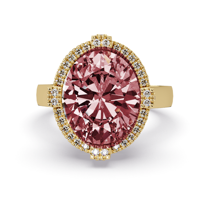 4.8 CTW Oval Double-Halo Pavé Colorstone Ring with Ruby Red center in 14K Yellow Gold – Lunéa Paris