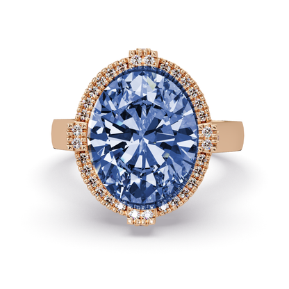 4.8 CTW Oval Double-Halo Pavé Colorstone Ring with Sapphire Blue center in 14K Rose Gold – Lunéa Paris