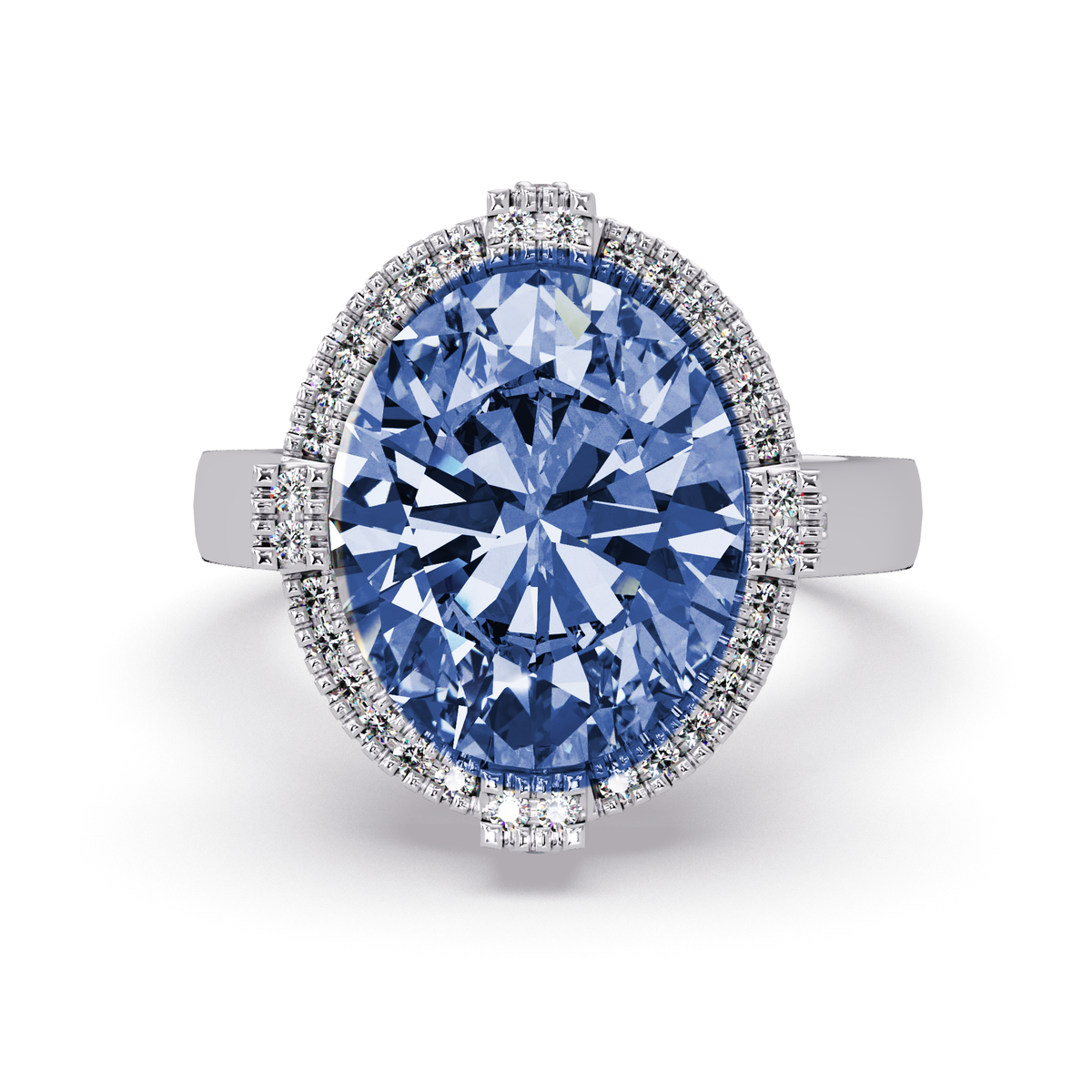 4.8 CTW Oval Double-Halo Pavé Colorstone Ring with Sapphire Blue center in 14K White Gold – Lunéa Paris