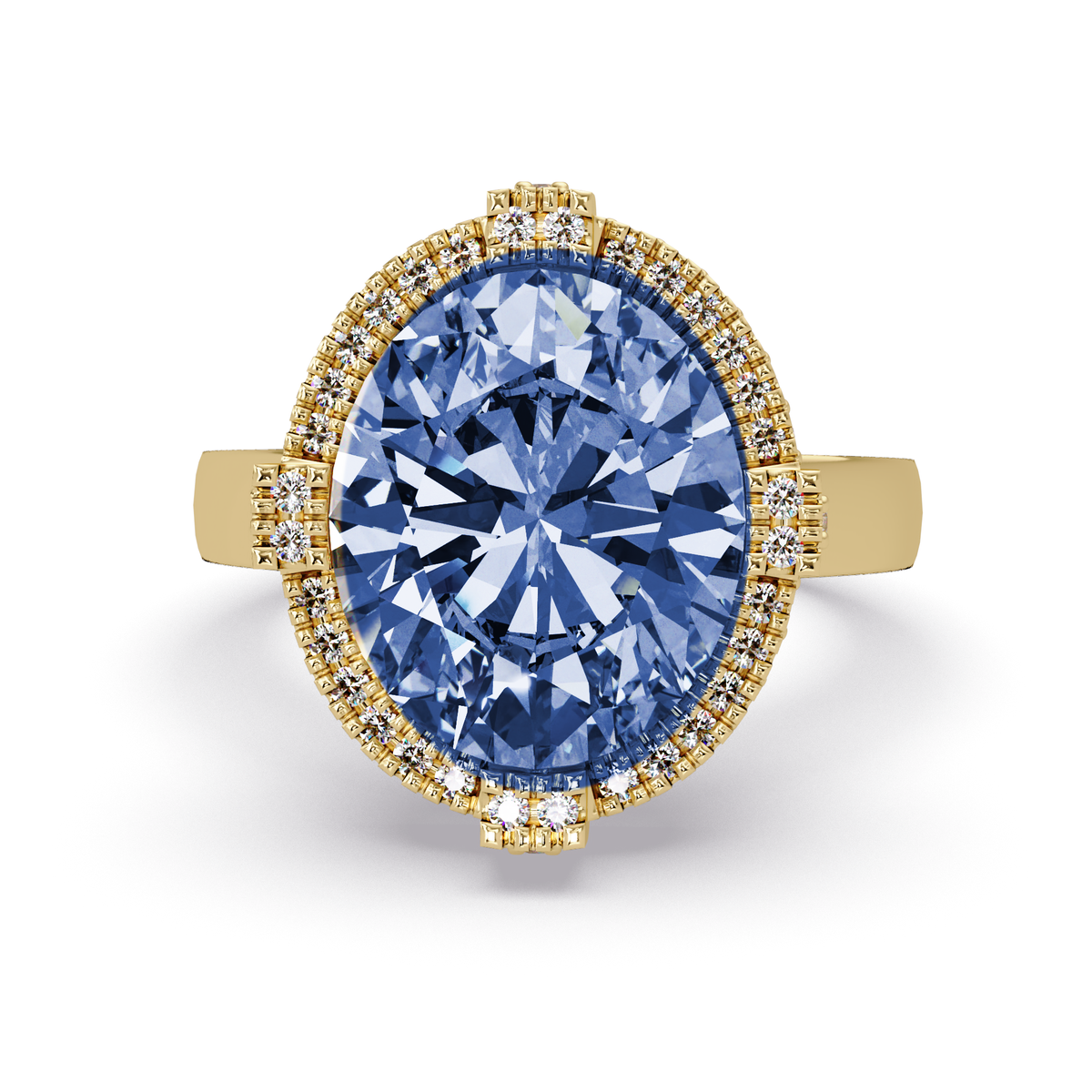 4.8 CTW Oval Double-Halo Pavé Colorstone Ring with Sapphire Blue center in 14K Yellow Gold – Lunéa Paris