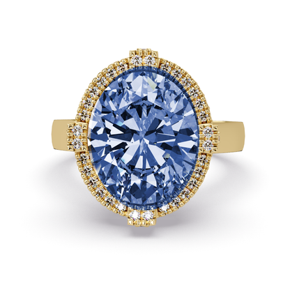 4.8 CTW Oval Double-Halo Pavé Colorstone Ring with Sapphire Blue center in 14K Yellow Gold – Lunéa Paris