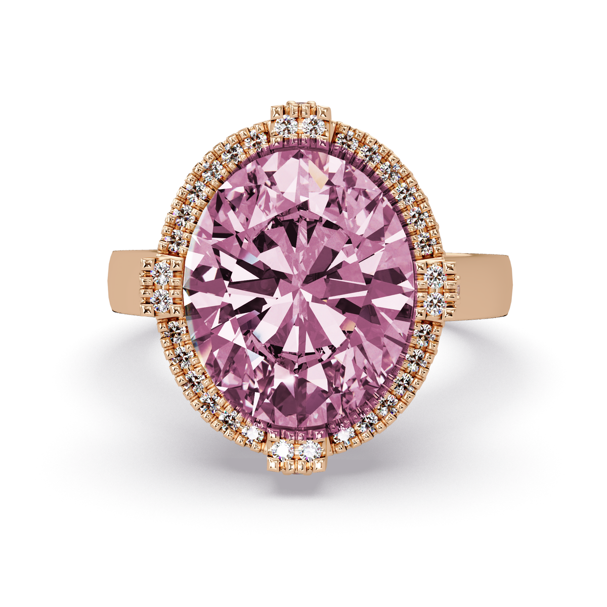 4.8 CTW Oval Double-Halo Pavé Colorstone Ring with Tourmaline Pink center in 14K Rose Gold – Lunéa Paris