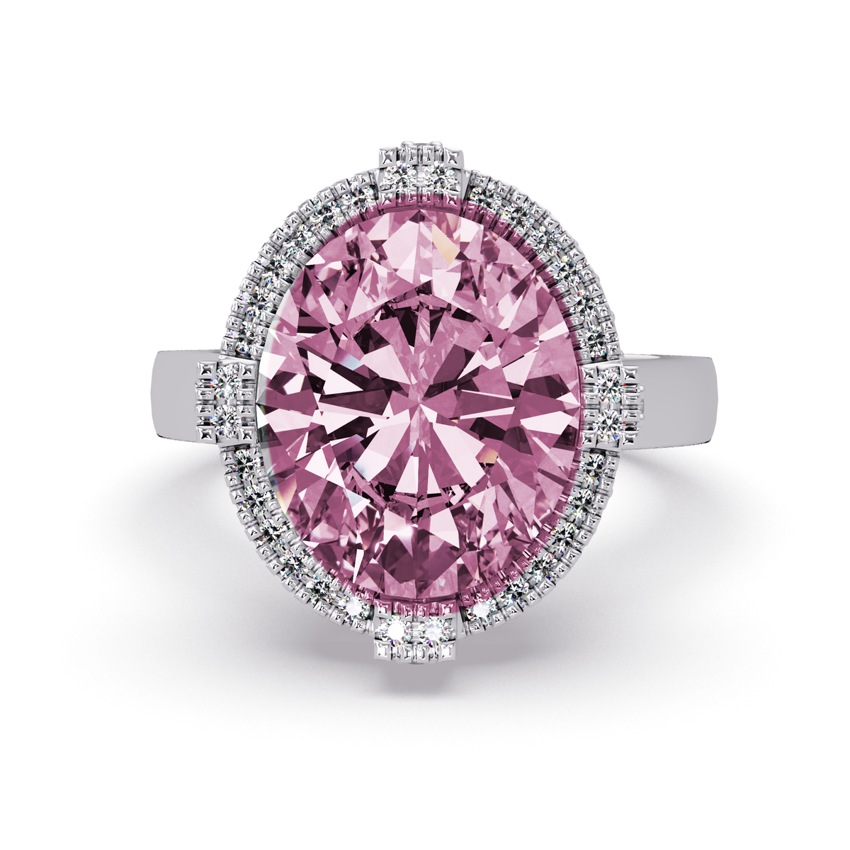 4.8 CTW Oval Double-Halo Pavé Colorstone Ring with Tourmaline Pink center in 14K White Gold – Lunéa Paris