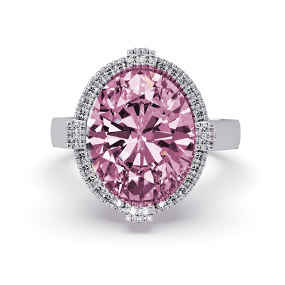 4.8 CTW Oval Double-Halo Pavé Colorstone Ring with Tourmaline Pink center in 14K White Gold – Lunéa Paris