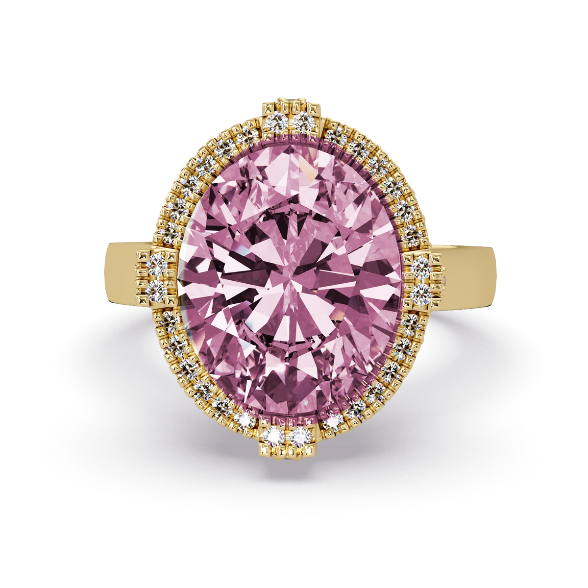 4.8 CTW Oval Double-Halo Pavé Colorstone Ring with Tourmaline Pink center in 14K Yellow Gold – Lunéa Paris
