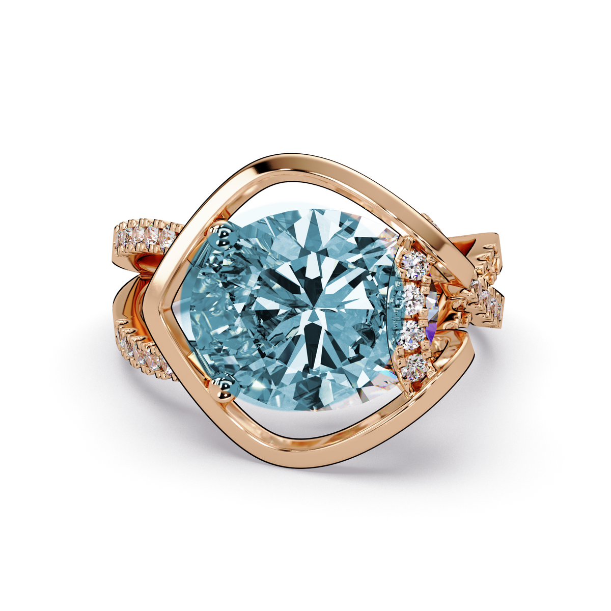 3.6 CTW Oval Sculptural Crossover Pavé Colorstone Ring with Aquamarine Blue center in 14K Rose Gold – Lunéa Paris