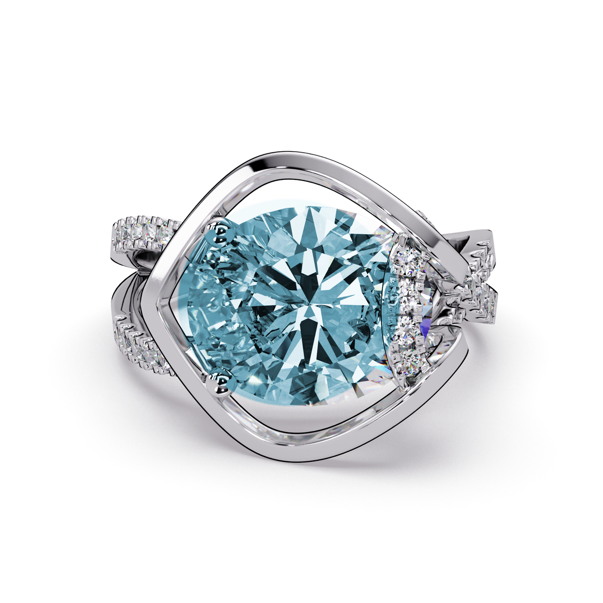 3.6 CTW Oval Sculptural Crossover Pavé Colorstone Ring with Aquamarine Blue center in 14K White Gold – Lunéa Paris