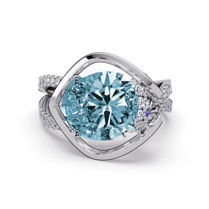 3.6 CTW Oval Sculptural Crossover Pavé Colorstone Ring with Aquamarine Blue center in 14K White Gold – Lunéa Paris