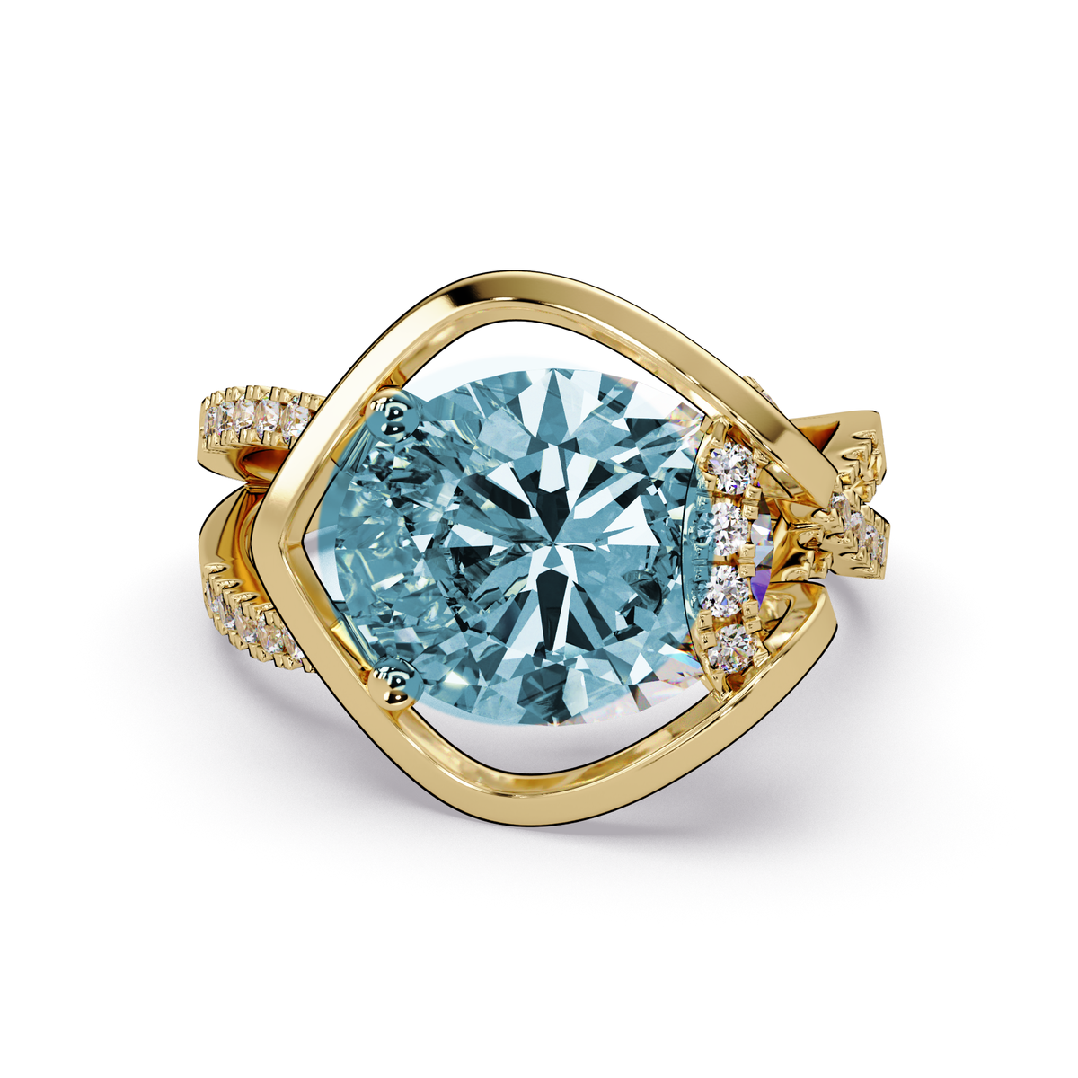 3.6 CTW Oval Sculptural Crossover Pavé Colorstone Ring with Aquamarine Blue center in 14K Yellow Gold – Lunéa Paris