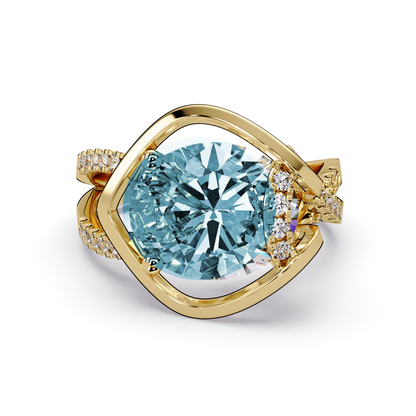 3.6 CTW Oval Sculptural Crossover Pavé Colorstone Ring with Aquamarine Blue center in 14K Yellow Gold – Lunéa Paris
