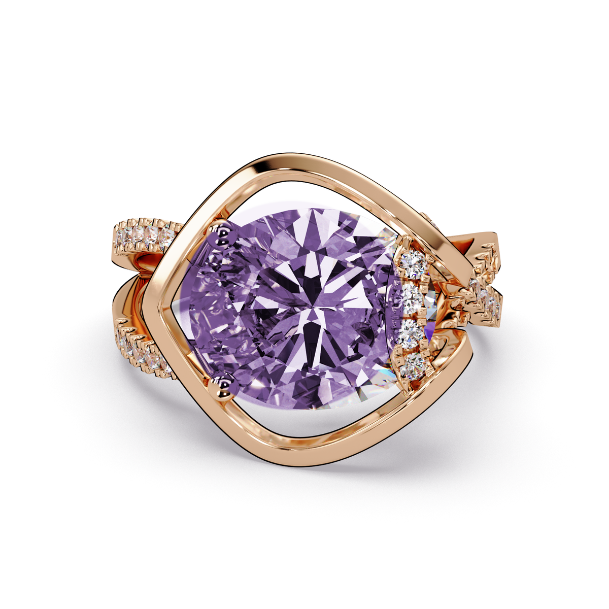 3.6 CTW Oval Sculptural Crossover Pavé Colorstone Ring with Amethyst Purple center in 14K Rose Gold – Lunéa Paris